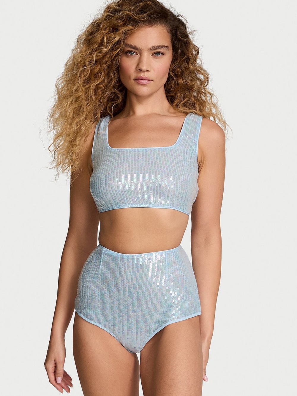 Victoria’s Secret Sequin Shimmer Bra Top High Waist Set Blue Mermaidcore Size M